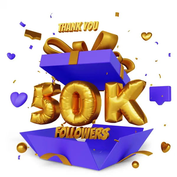 Thank You 50K Followers Render Open Gift Box Congratulation Concept — Stock Photo, Image