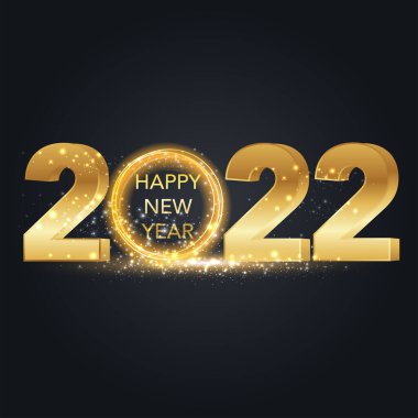 Mutlu 2022 'ler. Parlak pırıltılı altın sayı. Tebrik kartı, takvim ve afiş için şenlikli premium tasarım şablonu. Siyah arka planda parlayan ışıklar daire çiziyor. Vektör illüstrasyonu
