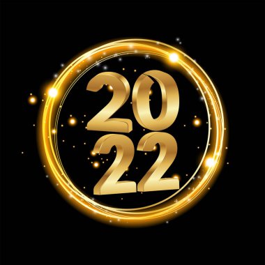 Mutlu 2022 'ler. Parlak pırıltılı altın sayı. Tebrik kartı, takvim ve afiş için şenlikli premium tasarım şablonu. Siyah arka planda parlayan ışıklar daire çiziyor. Vektör illüstrasyonu
