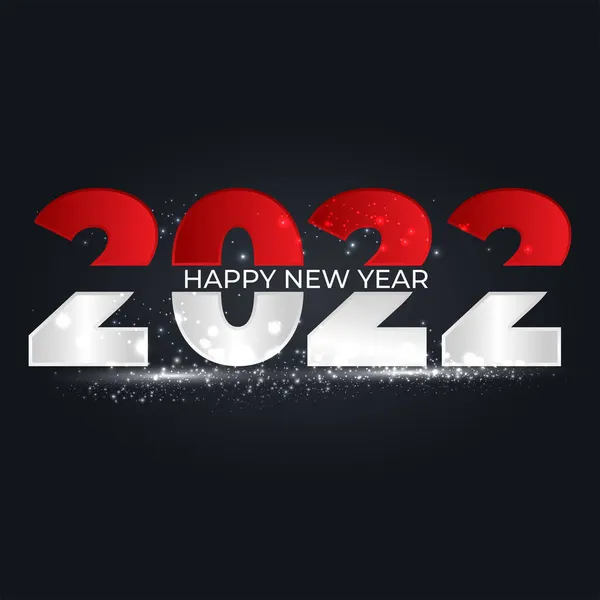 Mutlu 2022 'ler. Parlak pırıltılı kırmızı ve beyaz sayılar. Tebrik kartı, takvim ve afiş için şenlikli premium tasarım şablonu. Siyah arka planda parlayan ışıklar daire çiziyor. Vektör illüstrasyonu