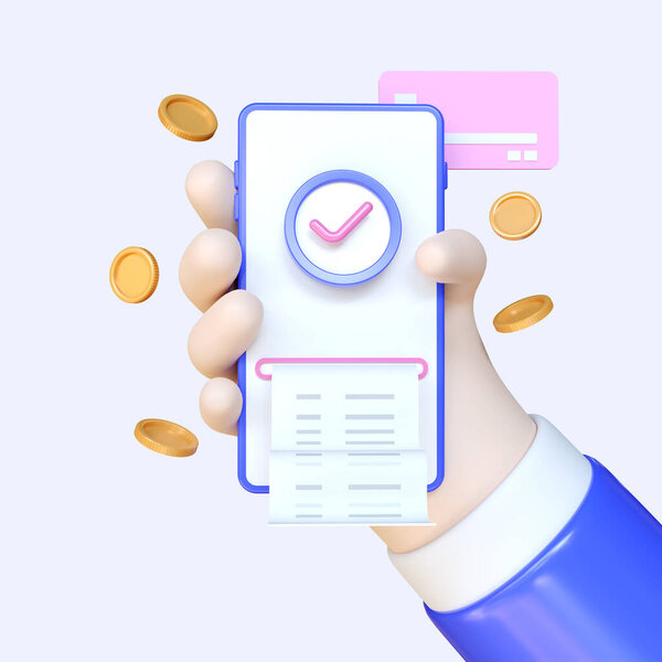 Online Payment concept, transaction receipt online payment icon, E-commerce market online shopping, Payment Approved, Mockup with cartoon hand, 3d render illustration.
