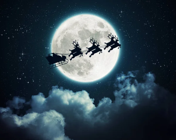 Santa Claus Trineo Volando Sobre Luna Noche Fotos De Stock Sin Royalties Gratis