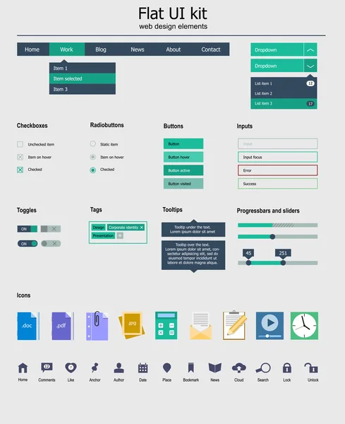 Kit de interfaz de usuario es un de los componentes hermosos que ofrecen el diseño plano, con conjunto de iconos — Archivo Imágenes Vectoriales