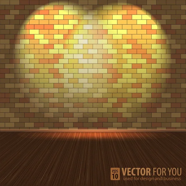 Cihlová zeď s osvětlení a dřevěné podlahy, vektorové ilustrace — Stockový vektor