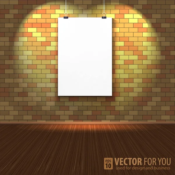 Pared de ladrillo con una página en blanco e iluminación — Vector de stock