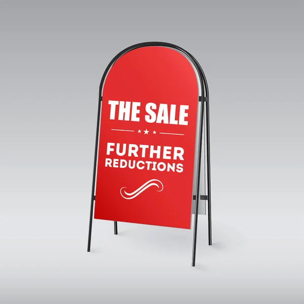 Placa de sanduíche com uma inscrição A venda novas reduções em um fundo vermelho — Vetor de Stock