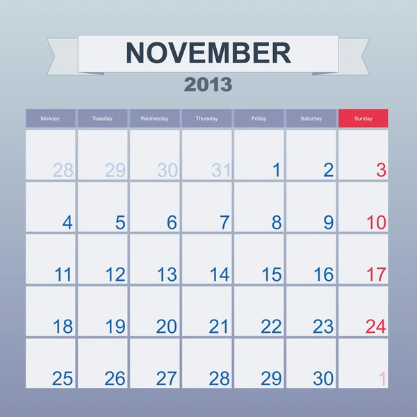 Kalender til månedlig skjema. November 2013 – stockvektor
