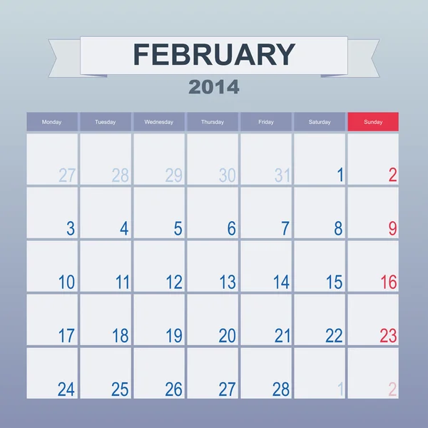 Calendar to schedule monthly. February 2014 — Stock Vector