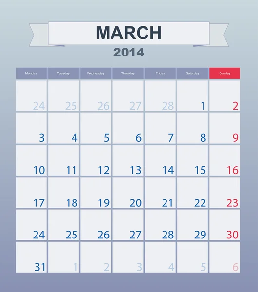 Kalender, um monatlich zu planen. März 2014 — Stockvektor