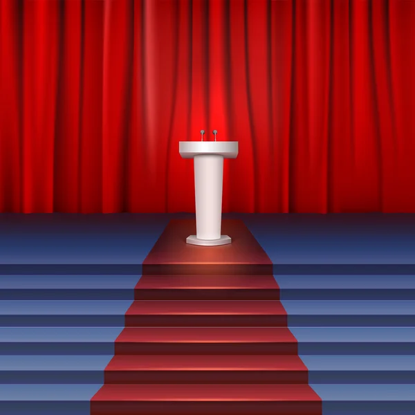 Escena con cortina, tribuna y escalera cubierta de alfombra roja. Lugar para actuaciones — Vector de stock