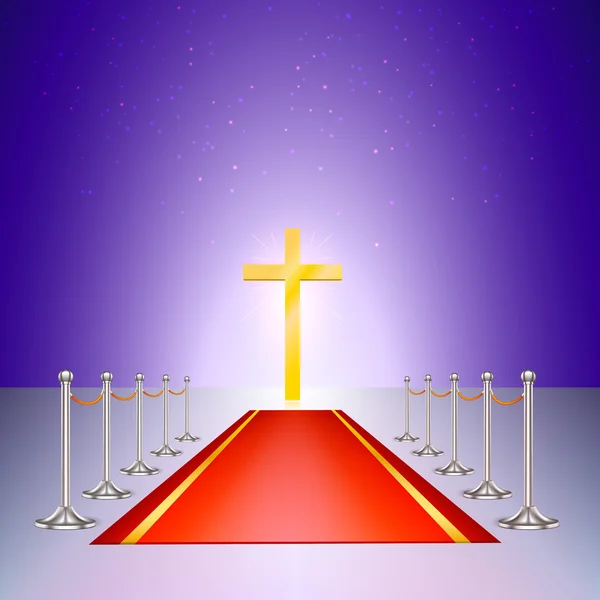 Cruz de oro, alfombra roja y cercado de puntales de cromo conectado una cuerda amarilla — Vector de stock