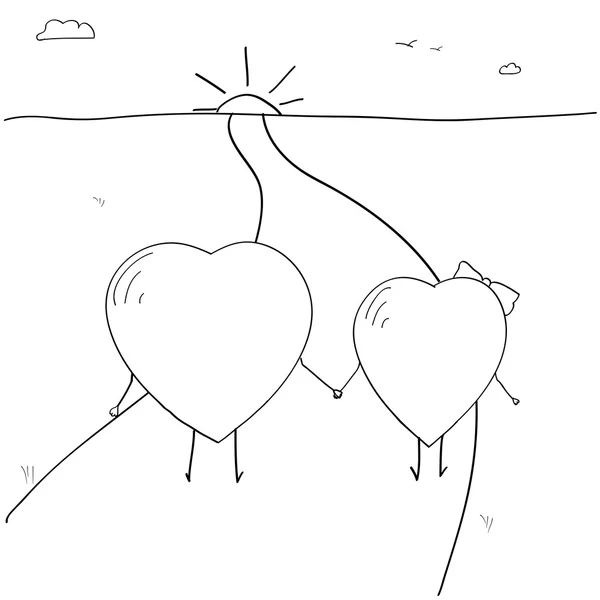 Deux cœurs aimants marchant sur la route — Image vectorielle