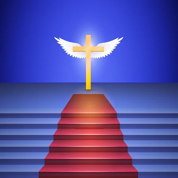 Escalier avec tapis rouge mène à la croix debout sur scène . — Image vectorielle