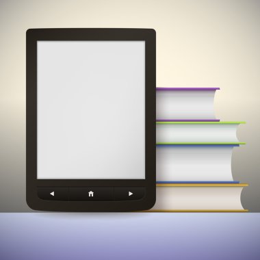 elektronik kitap okuyucu ile bir kitap yığını. metin veya resim ekleyebilirsiniz.
