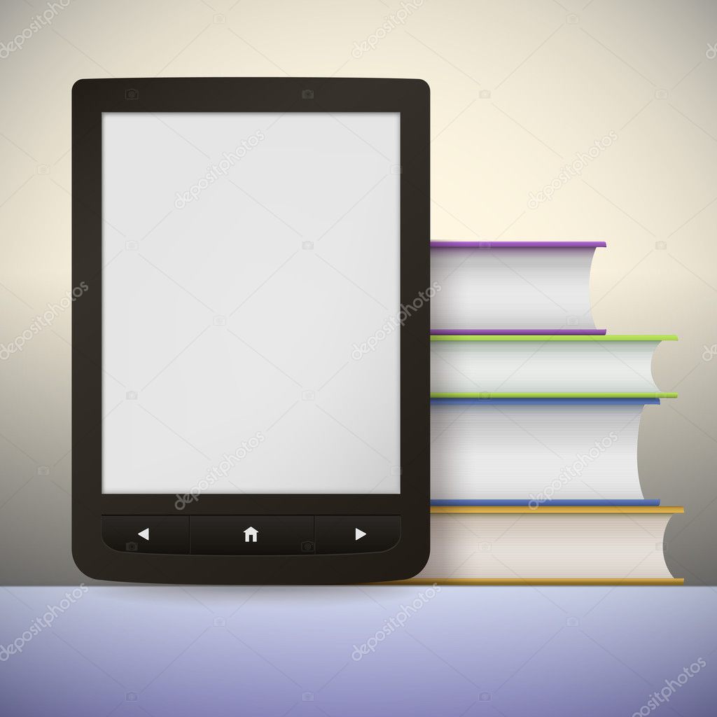 Electronic book reader with a stack of books. You may add your own text or picture.