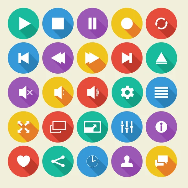 Reproductor multimedia iconos vectoriales planos con sombra larga . — Vector de stock