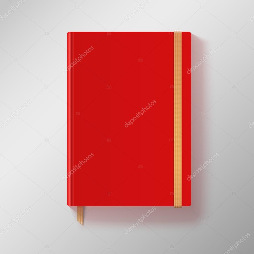 Red copybook with elastic band and gold bookmark.
