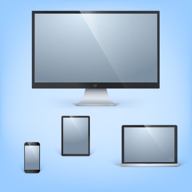 Gerçekçi vektör dizüstü, tablet bilgisayar, monitör ve cep telefonu şablonu