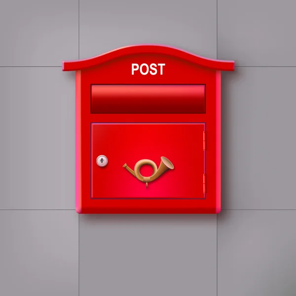 Boîte aux lettres rouge accrochée au mur, logo corne postale . — Image vectorielle