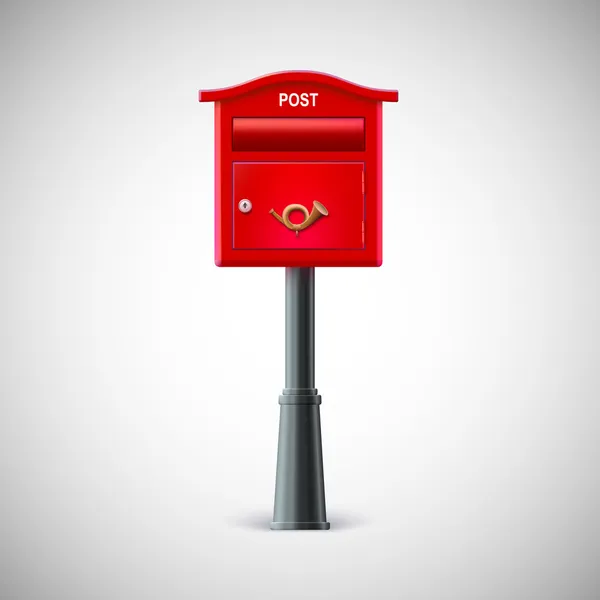 Piros postaláda lóg a falon, logo postai kürt. — Stock Vector