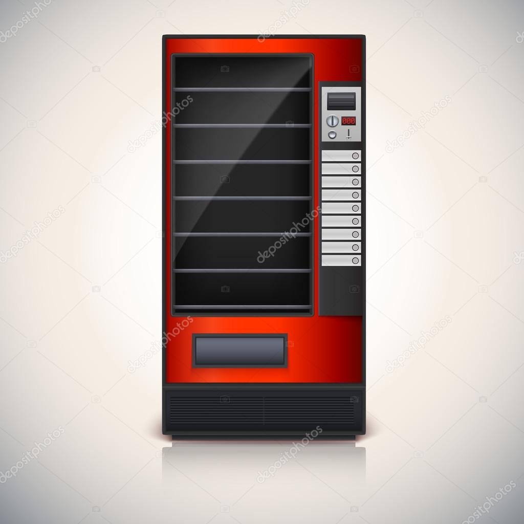 Vending Machine with shelves, red coloor.