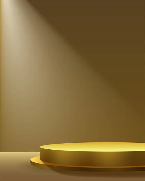 Sfondo minimalista per il branding e la visualizzazione del prodotto. Raggio di riflettori sulla parete beige. Podio d'oro sul pavimento. Illustrazione vettoriale 3d. — Vettoriale Stock