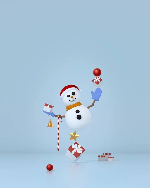 Bonhomme de neige avec des décorations de Noël équilibrage sur des boîtes-cadeaux et étoiles. — Photo