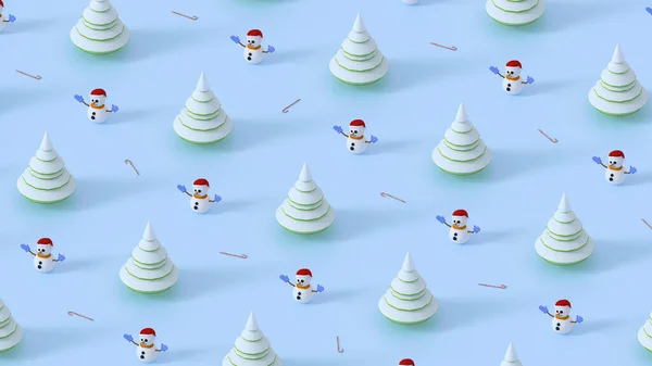 Χριστούγεννα και Πρωτοχρονιά μοτίβο. Χιονάνθρωπος, χριστουγεννιάτικο δέντρο και ζαχαροκάλαμο — Φωτογραφία Αρχείου