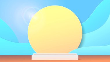 Kozmetik ürün sergisi stüdyosu. Kağıt stilinde mavi arkaplan. Dalgalı şekil ve arkaplanda sarı daire.