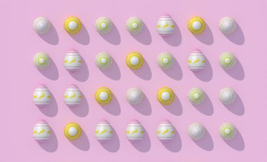 Pembe arka planda, Paskalya yumurtalarından düz bir şekilde görüldü. Sert güneşli ışık.