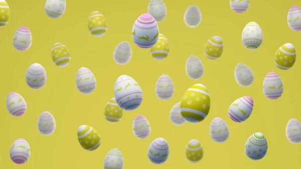 Padrão abstrato de ovos de Páscoa voadores. Renderizador 3D. — Fotografia de Stock