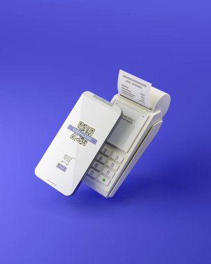 Ekranda QR kodlu akıllı telefonu olan POS terminalinin simgeleri. Kırpma yolu dahil.