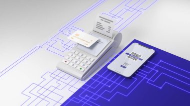 Dijital kablosuza bağlı ödeme terminali, kredi kartı ve akıllı telefon.