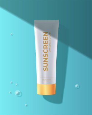 Güneş kremi tüpü. Mavi arkaplan üzerindeki kozmetik ürünü gölgesi.