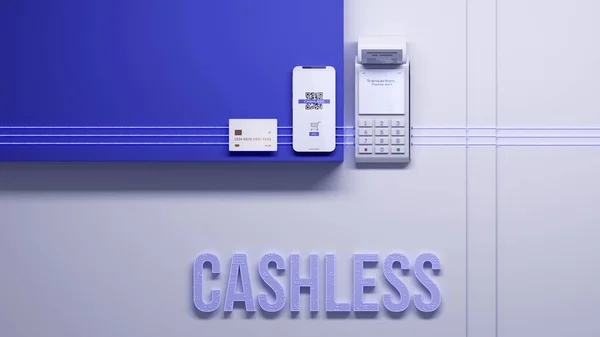 Societa 'senza ashless. Terminale di pagamento, carta di credito e smartphone collegati con wireless digitale. — Foto Stock