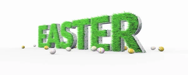 Easter banner. Green spring grass in shape of text. Festive background with easter eggs isolated on white. Creative template. 3D illustration. — Stock Photo, Image