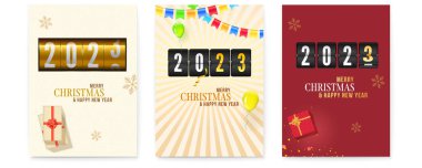 2023 yılına geri sayım yapan bir poster seti. Balon hediyeli ve flamalı karnaval geçmişi. Noel ve yeni yıl tatili için bir şablon. Vektör çizimi. EPS10.