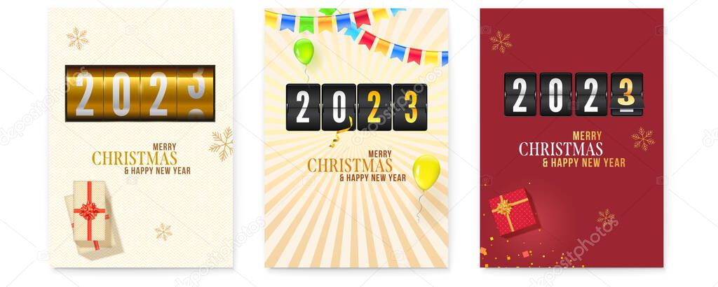 Set of posters with mechanical timer countdown to 2023 New Year. Carnival background with balloons gift and pennants. Template for Christmas and New Year holidays. Vector illustration. EPS10.