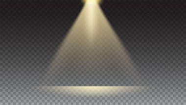 Lighting in studio for product display. Yellow ray of spotlight on wall and floor. Studio stage template isolated on transparent background. Vector illustration.
