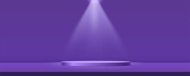 Ürün sergisi için podyumu olan boş bir stüdyo. Spot ışıkları duvarın ortasında. Stüdyo sahne arkası. Çok peri rengi. Vektör 3 boyutlu illüstrasyon.