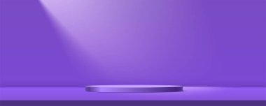 Stüdyo sahne arkası. Ürün sergisi için podyumu olan stüdyo. Spot ışıkları duvarda. Çok peri rengi. Vektör 3 boyutlu illüstrasyon.