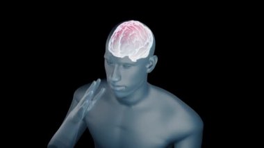 3D stilize animasyon şeffaf adam elini şakak neon beyninin yakınında tutuyor kırmızı ışıkla titreşiyor. Ağrı, iltihap, kanser, kafada metastaz. MRI, X-ray, tanı