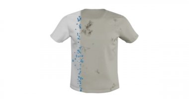 Toprak, ter, aşağıdan yukarıya ve soldan sağa lekeleri temizleyen beyaz tişört kumaşının 3 boyutlu canlandırması. Çamaşırlar, çamaşır tozu, buhar, su ve jelin etkisiyle kirden temizliğe dönüşür..