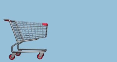 3D animasyon stilize edilmiş bir ev, daire, ev alışveriş arabasının içine düşüyor. Çevrimiçi emlak satışı, emlakçılık, e-ticaret.