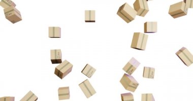 İçinde hediyeler, alışverişler, siparişler olan 3D animasyon kutuları düşüyor ve ekranı kaplıyor. Teslimat, çok iş, sistem hatası, tüketim, dağıtım, üretim, arz, satış, ulaşım, mal talebi