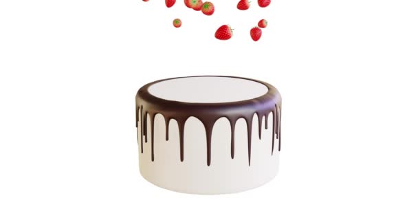 3D动画一步一步的蛋糕装饰 天然草莓和金银花落在蛋糕上 上面有奶油 巧克力条 蛋糕装在装有透明插头的盒子里 — 图库视频影像