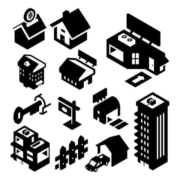 Icone Immobiliari Isometrica — Vettoriale Stock