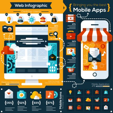 set of flat design illustrations and flat icons for mobile phone clipart