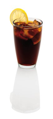 a large glass of cola refreshment with ice cubes and slices of lemon isolated on a white background(studio shot)