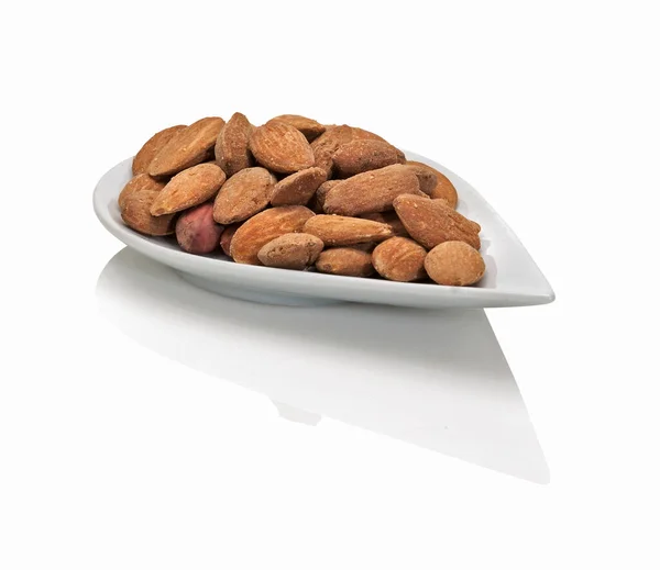 Raw Almonds Modern Style White Plate Isolated White Background — стоковое фото